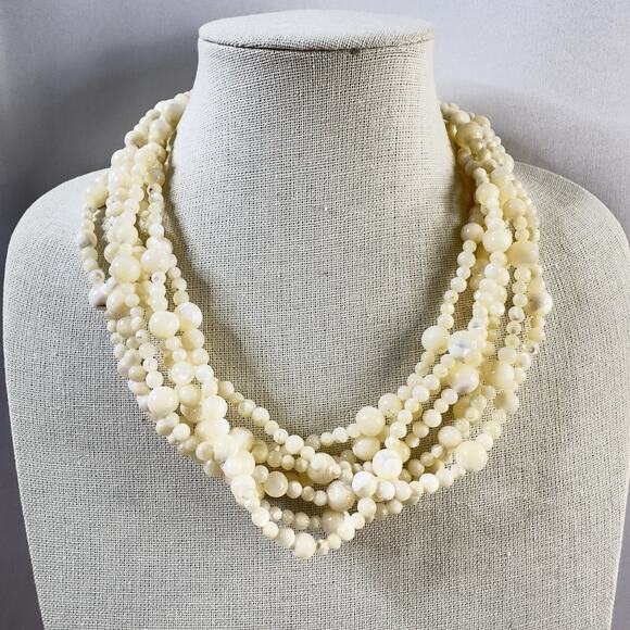 VTG Artisan Necklace Charlene Biesele Mother of Pearl Bead & Repousse Brass 20" - Picture 4 of 14